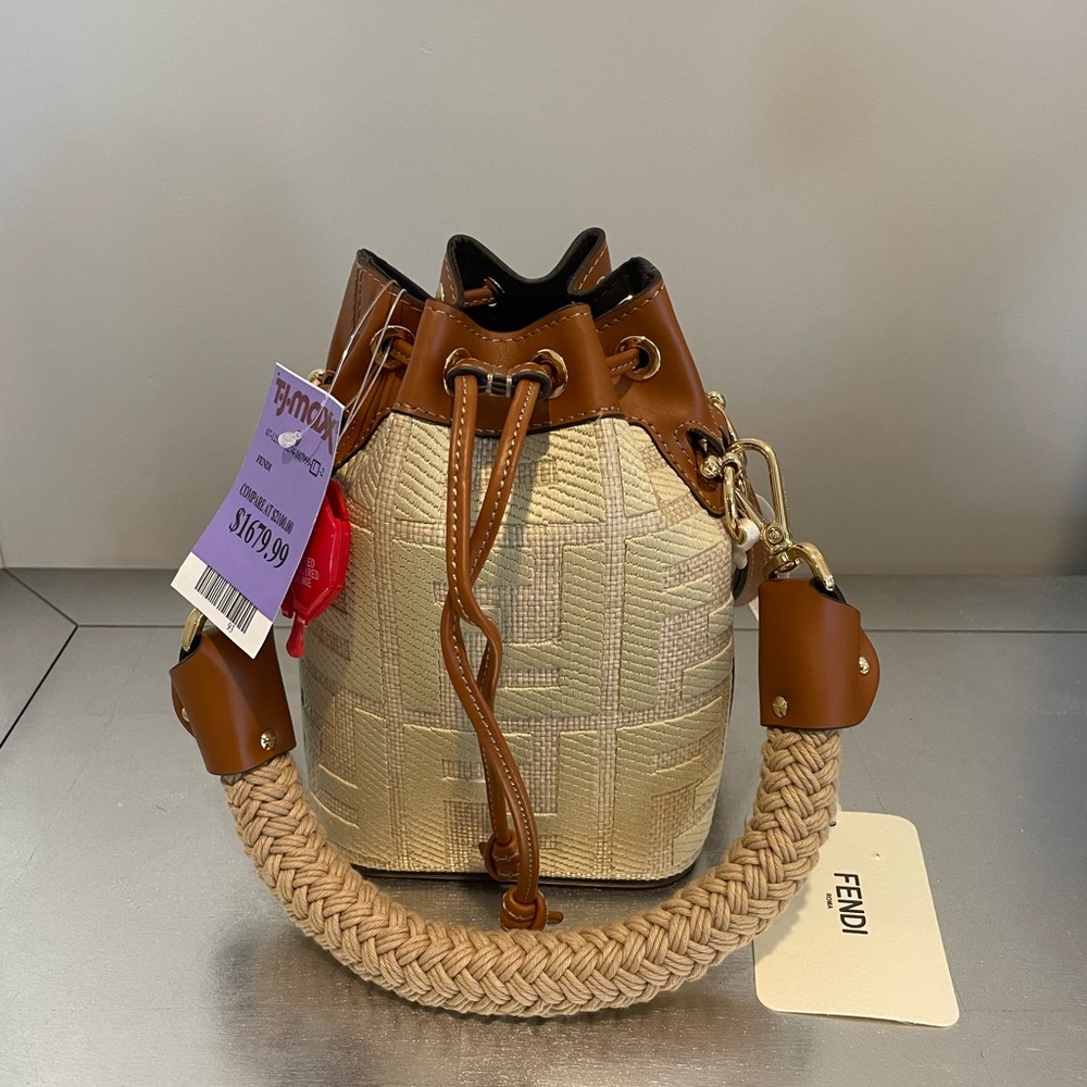 Fendi Mon Tresor Mini FF Raffia & Leather Bucket Bag